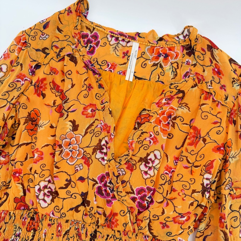 Anthropologie‎ Floral Print Long Sleeve Smocked Waist Blouse Orange Womens Small